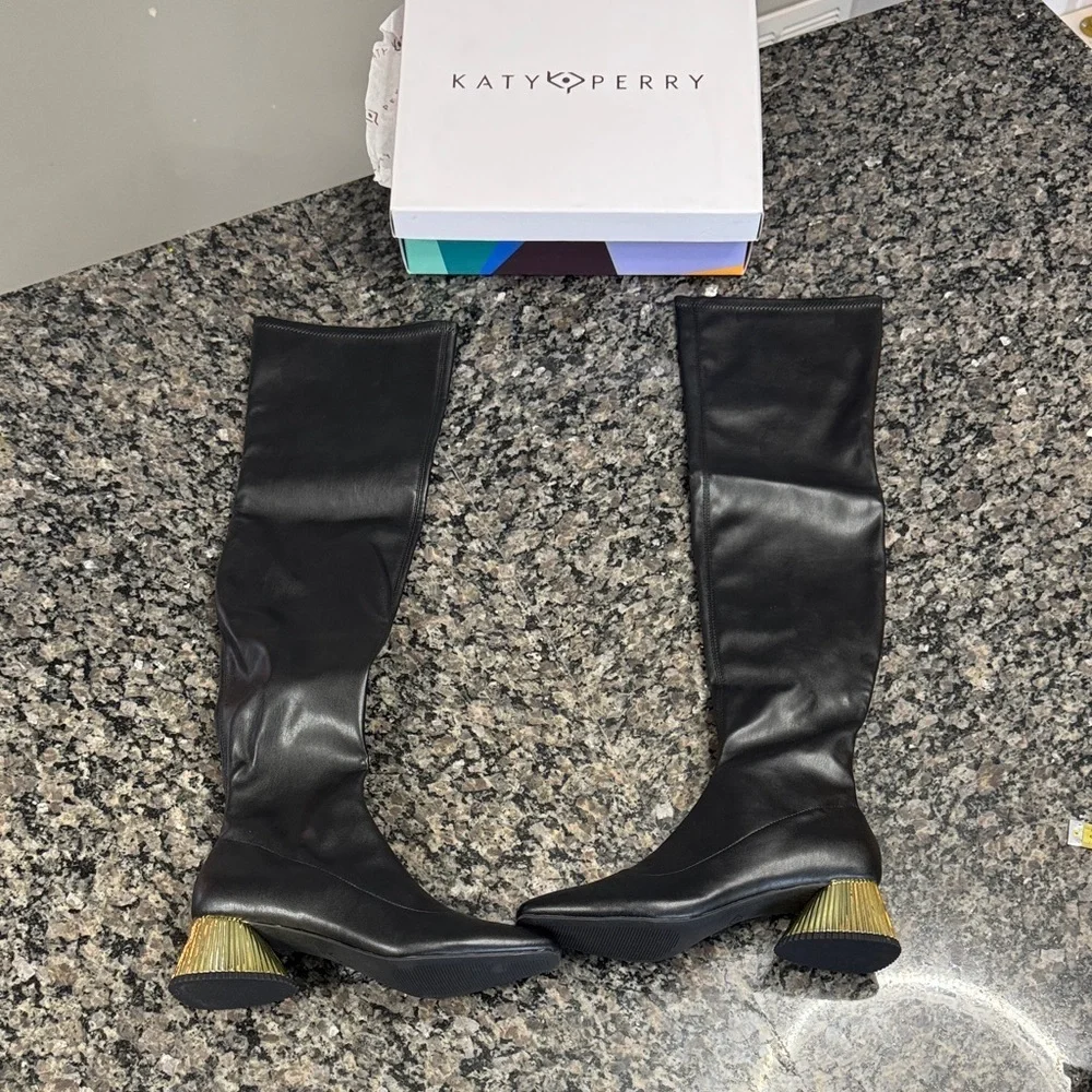 Katy Perry Clara Black square toe Over the Knee Boots with Gold Heel NEW